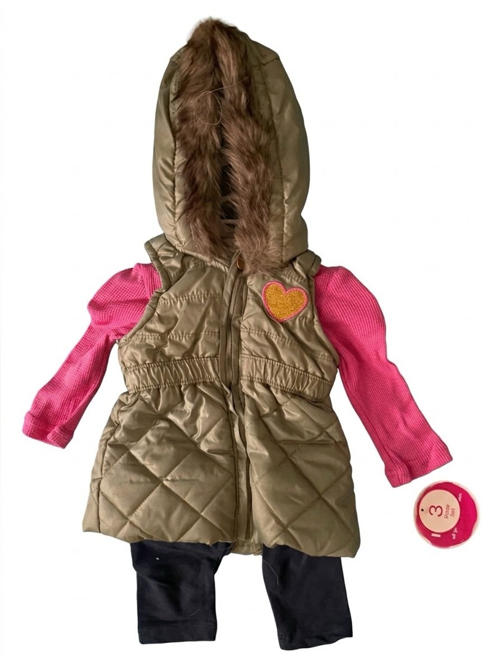 Nannette Faux Fur Trim Hooded Puffer Vest Ruffle Top & Heart Leggings 3PC SET